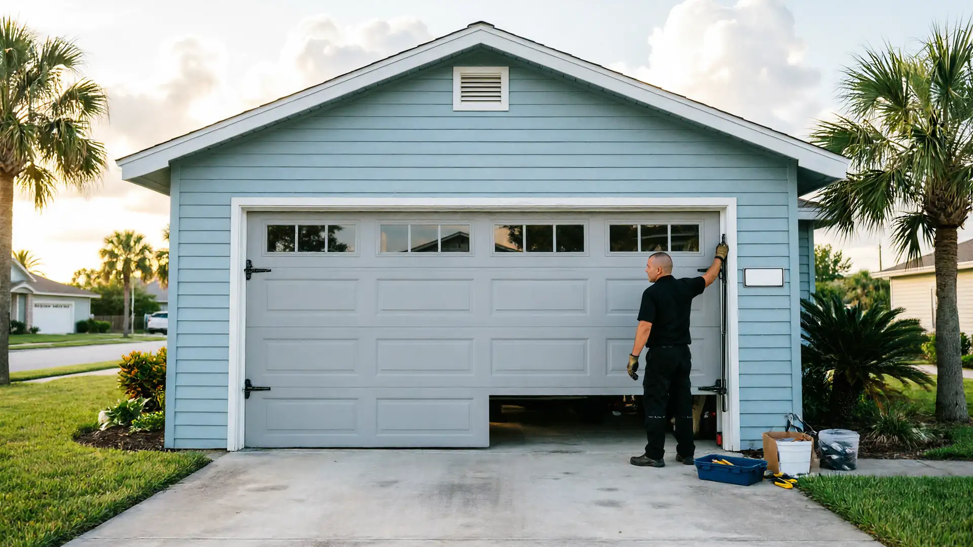A technician adjusts a light blue garage door with windows on a blue house.