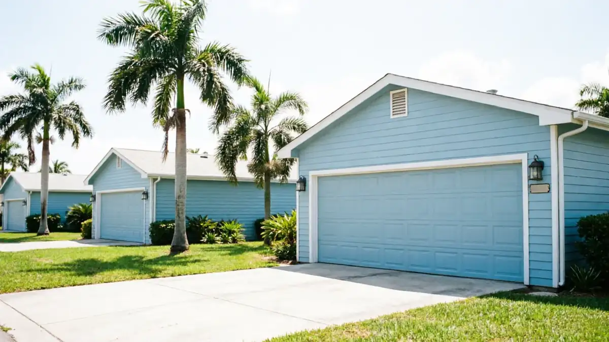 Three light blue houses with matching garage doors and palm trees line a street.