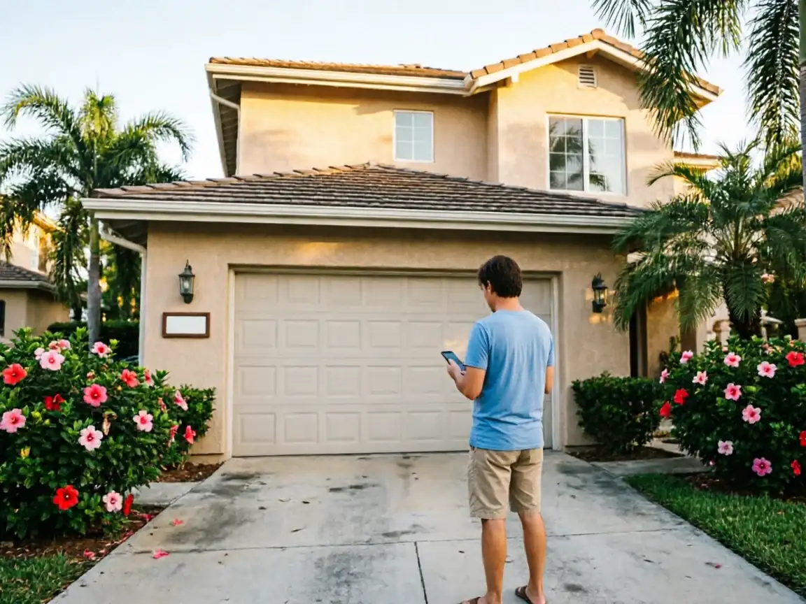 A man stands in a driveway looking at his phone in front of a garage door.