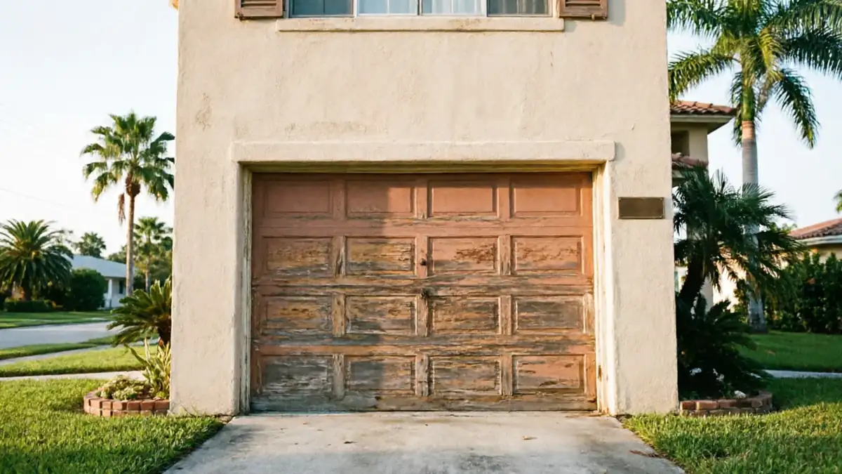 The house has a weathered wooden garage door with peeling paint and a window above.