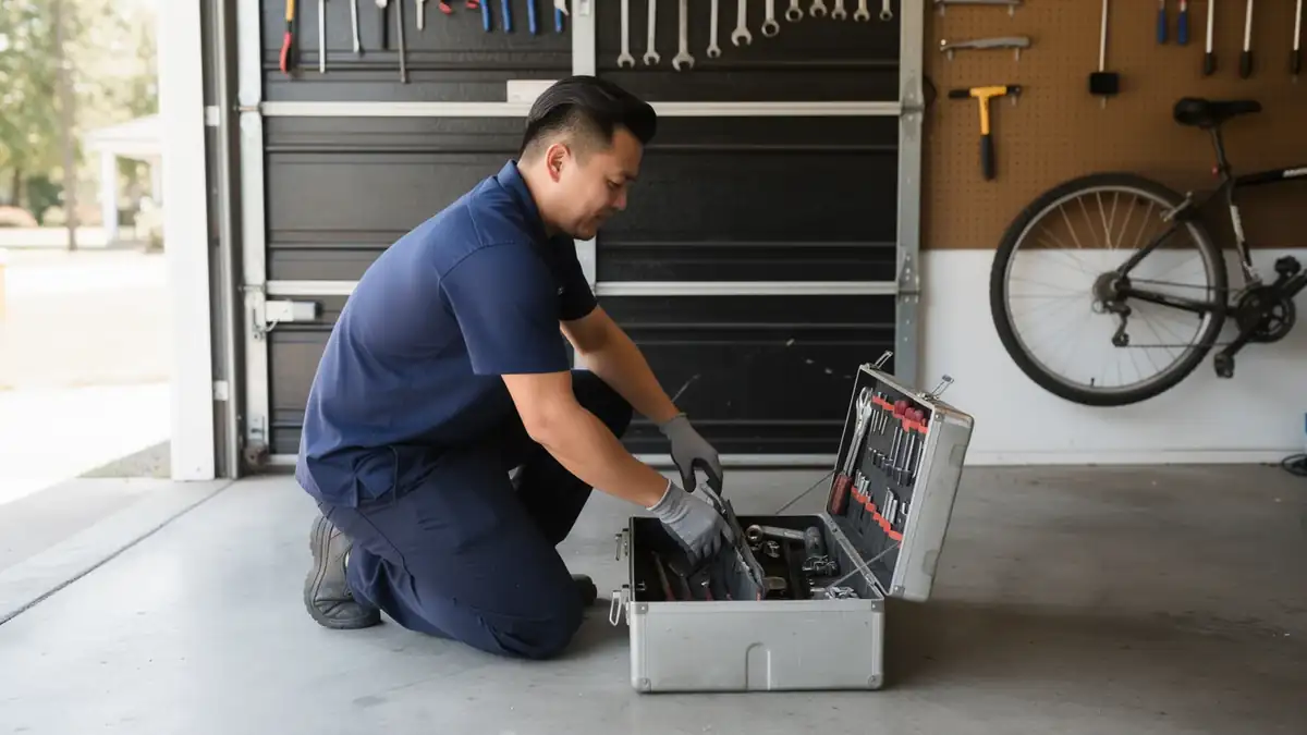 A technician in a blue uniform kneels, reaching into an open toolbox on a concrete floor.