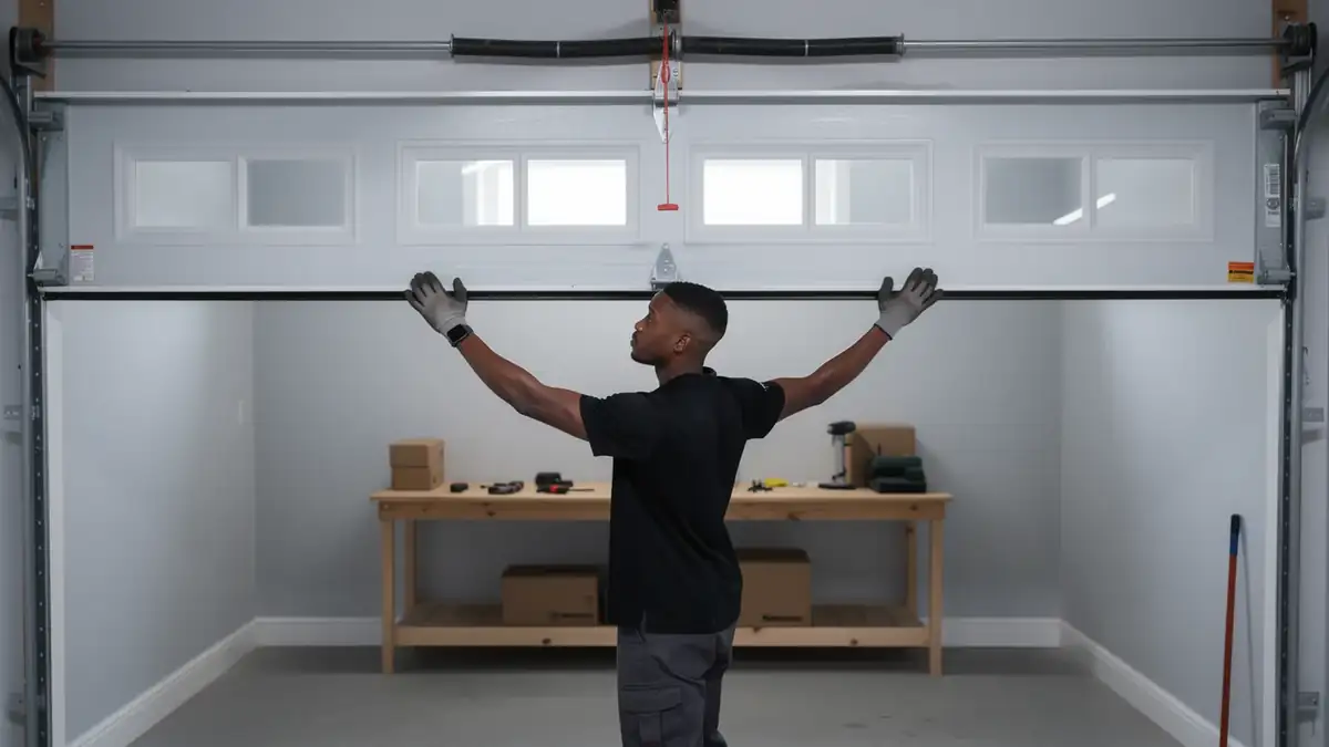 A technician in gloves holds up a white garage door with windows.